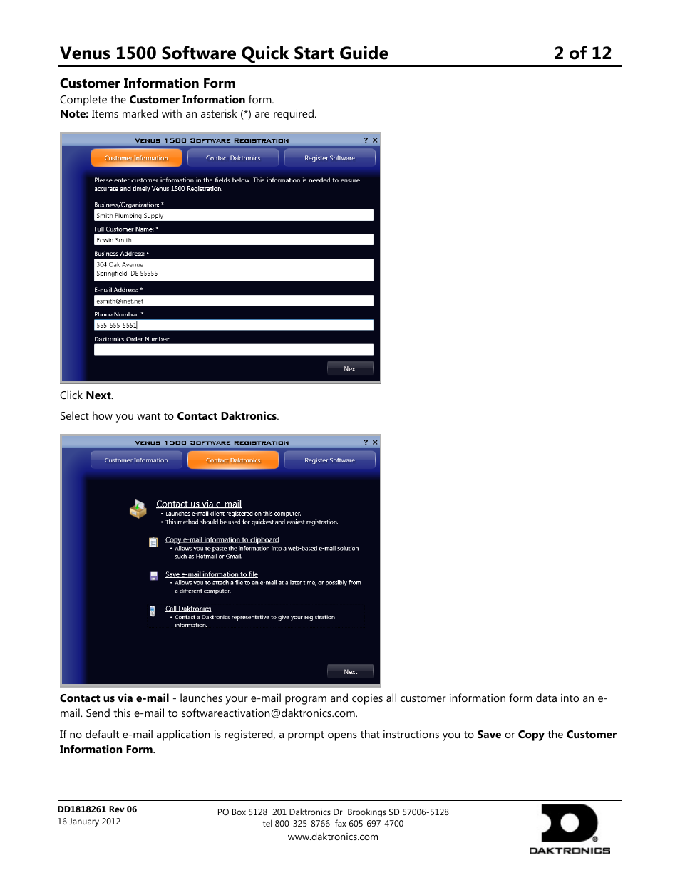 Customer information form | Daktronics Venus 1500 Software User Manual | Page 2 / 12