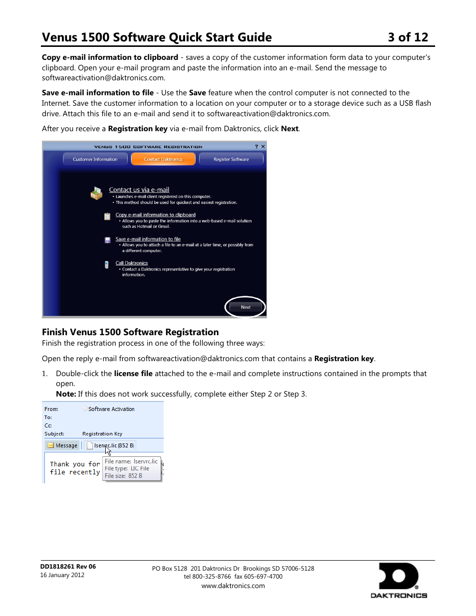 Finish venus 1500 software registration | Daktronics Venus 1500 Software User Manual | Page 3 / 12