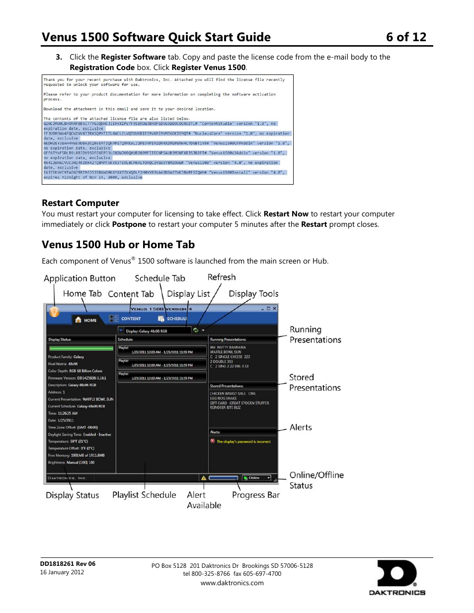 Restart computer, Venus 1500 hub or home tab | Daktronics Venus 1500 Software User Manual | Page 6 / 12