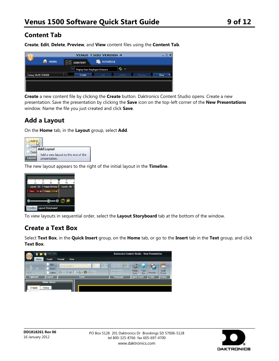 Content tab, Add a layout, Create a text box | Daktronics Venus 1500 Software User Manual | Page 9 / 12