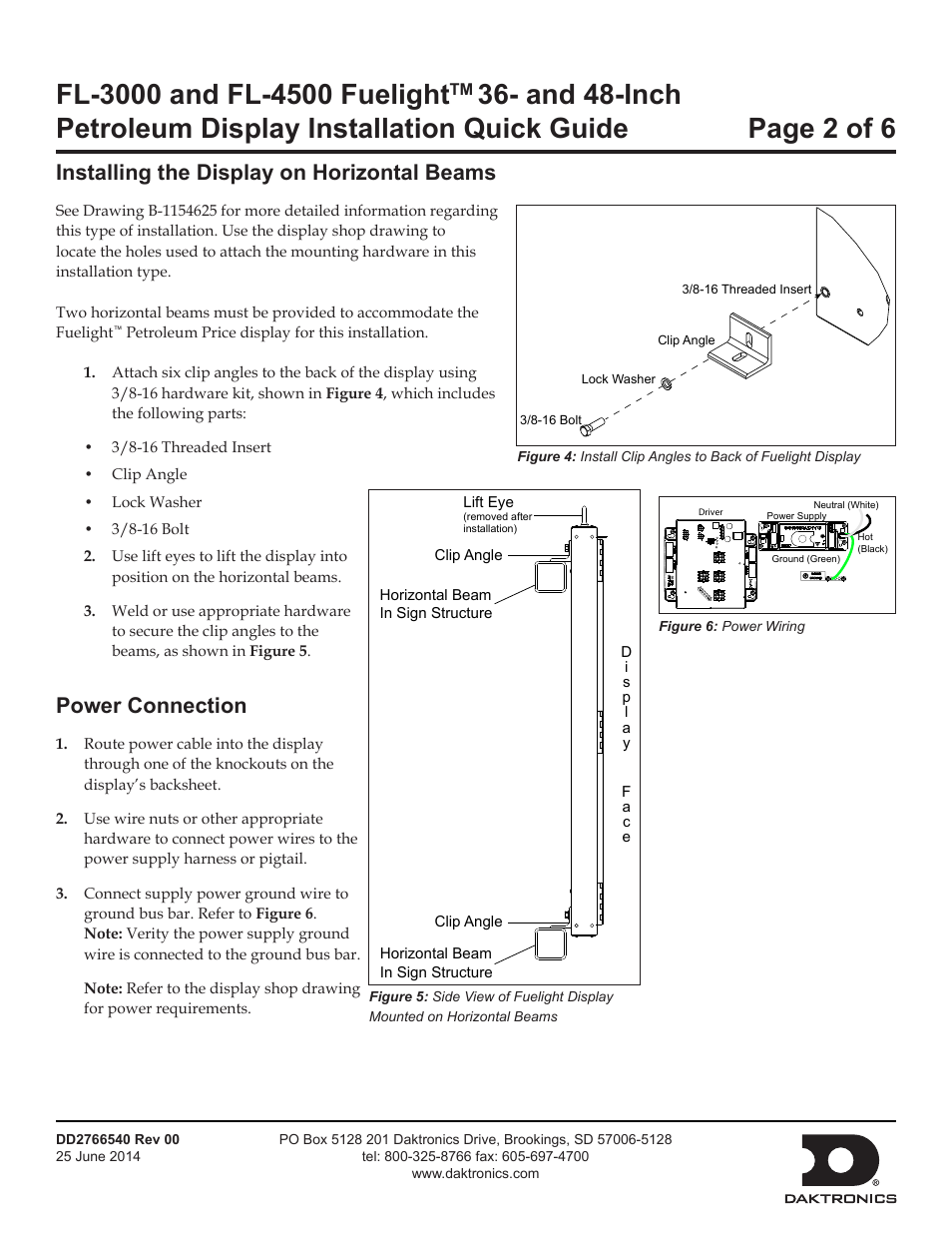 Installing the display on horizontal beams, Power connection | Daktronics FL-3000 and FL-4500 FuelightTM 36- and 48-Inch Petroleum Display User Manual | Page 2 / 6