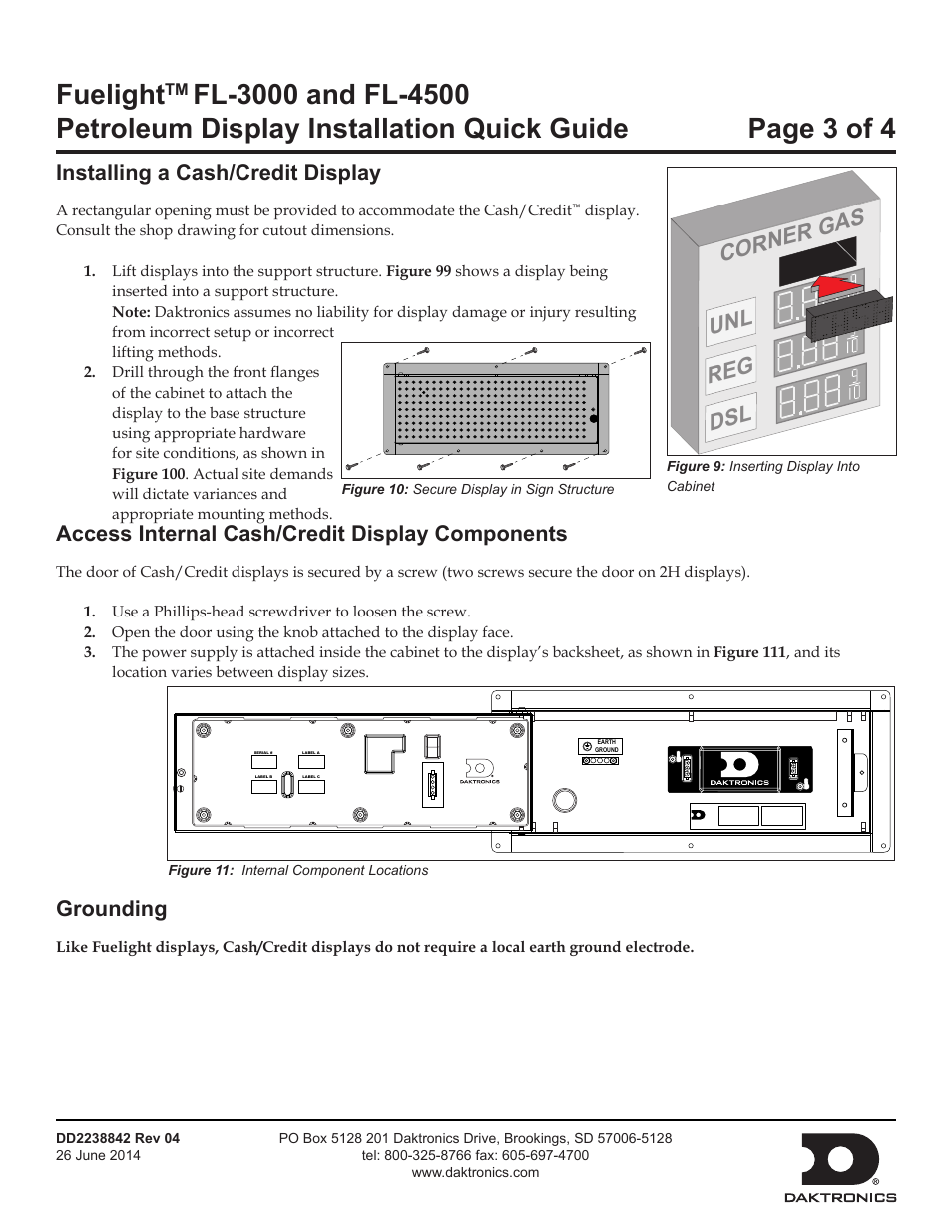 Fuelight, Corner gas unl reg dsl, Installing a cash/credit display | Access internal cash/credit display components, Grounding | Daktronics FuelightTM FL-3000 and FL-4500 Petroleum Display User Manual | Page 3 / 4