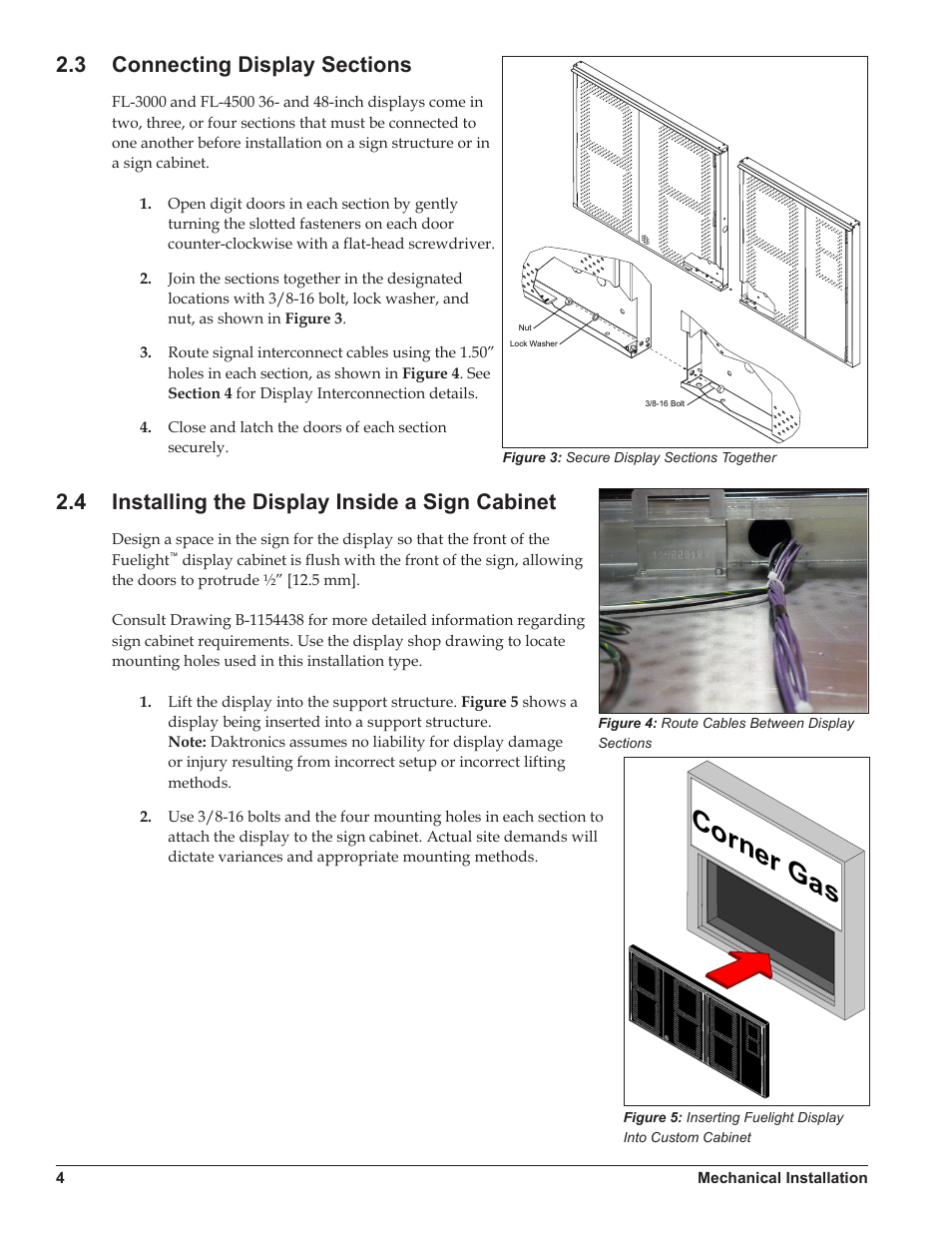 3 connecting display sections, 4 installing the display inside a sign cabinet, Connecting display sections | Installing the display inside a sign cabinet, Corner gas | Daktronics Fuelight FL-3000 and FL-4500 Series 36 and 48 Petroleum Price Display and Cash/Credit Display User Manual | Page 10 / 55