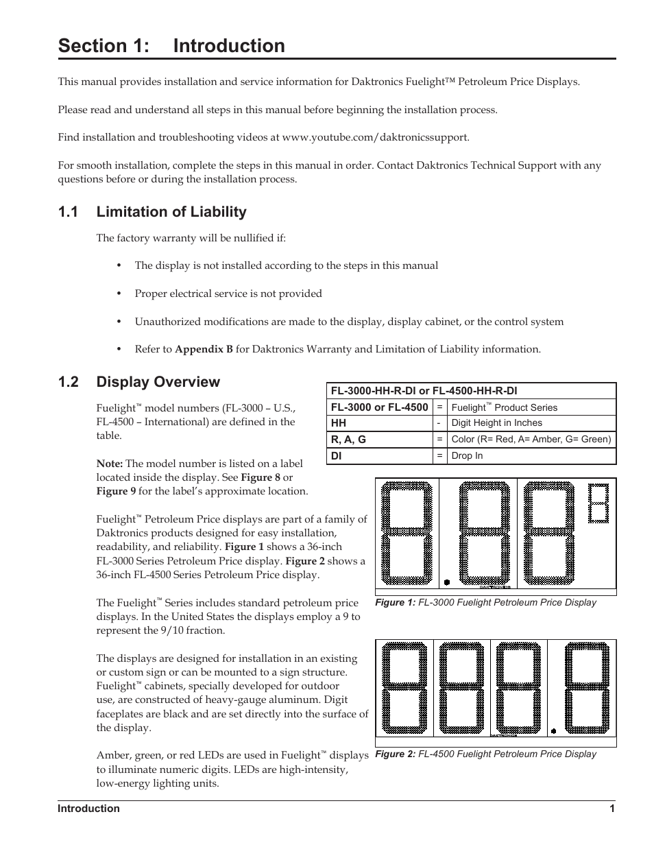 Section 1: introduction, 1 limitation of liability, 2 display overview | Section 1, Introduction, Limitation of liability, Display overview | Daktronics Fuelight FL-3000 and FL-4500 Series 36 and 48 Petroleum Price Display and Cash/Credit Display User Manual | Page 7 / 55