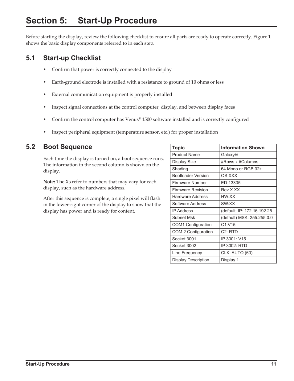 Section 5: start-up procedure, 1 start-up checklist, 2 boot sequence | Section 5, Start-up procedure, Start-up checklist, Boot sequence | Daktronics Galaxy AF-3220 User Manual | Page 15 / 35