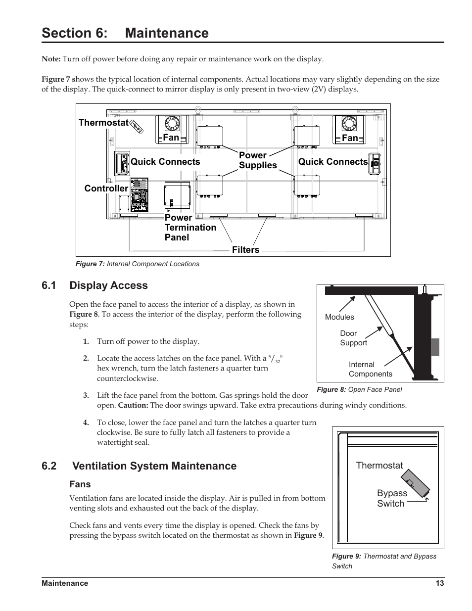 Section 6: maintenance, 1 display access, 2 ventilation system maintenance | Fans, Section 6, Maintenance, Display access, Ventilation system maintenance | Daktronics Galaxy AF-3220 User Manual | Page 17 / 35