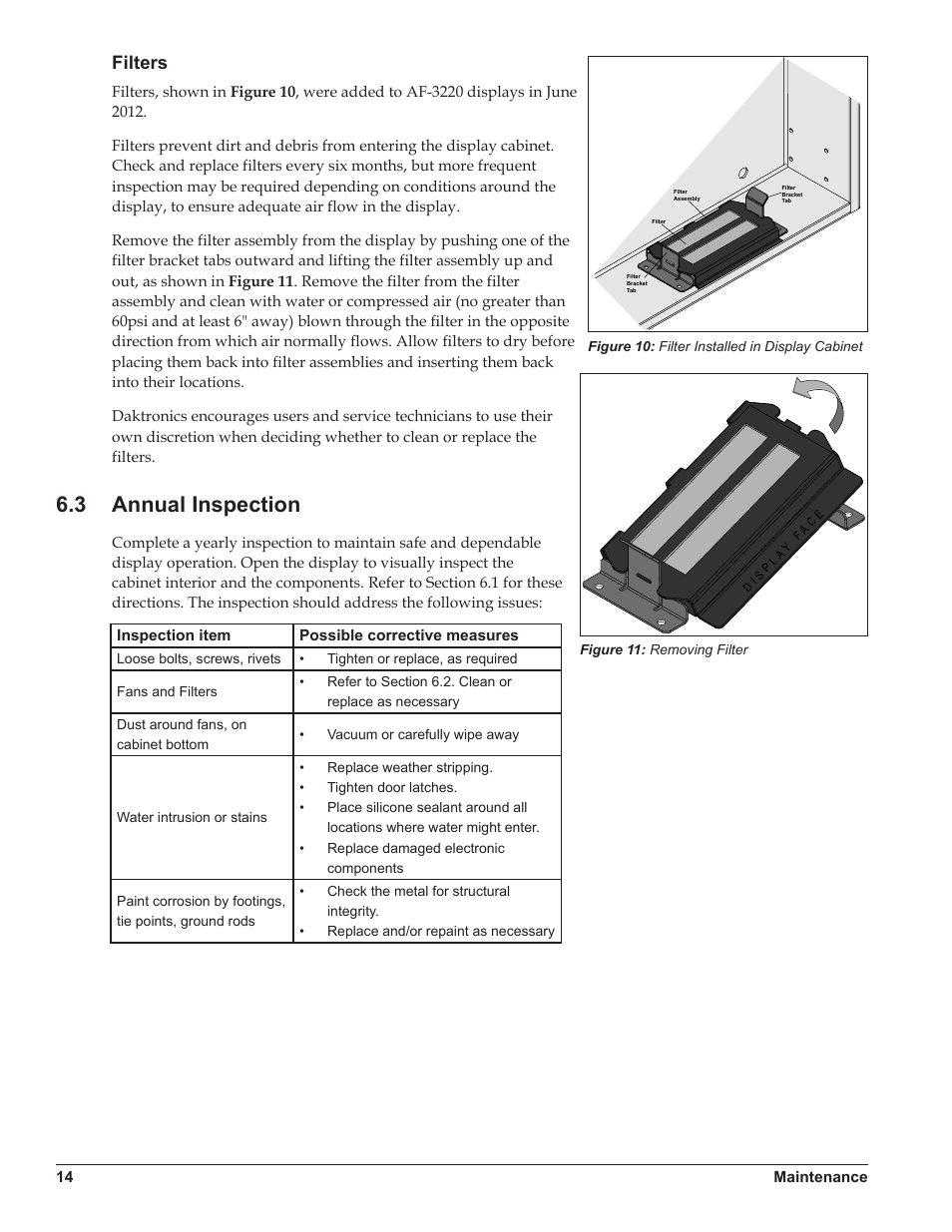 Filters, 3 annual inspection, Annual inspection | Daktronics Galaxy AF-3220 User Manual | Page 18 / 35