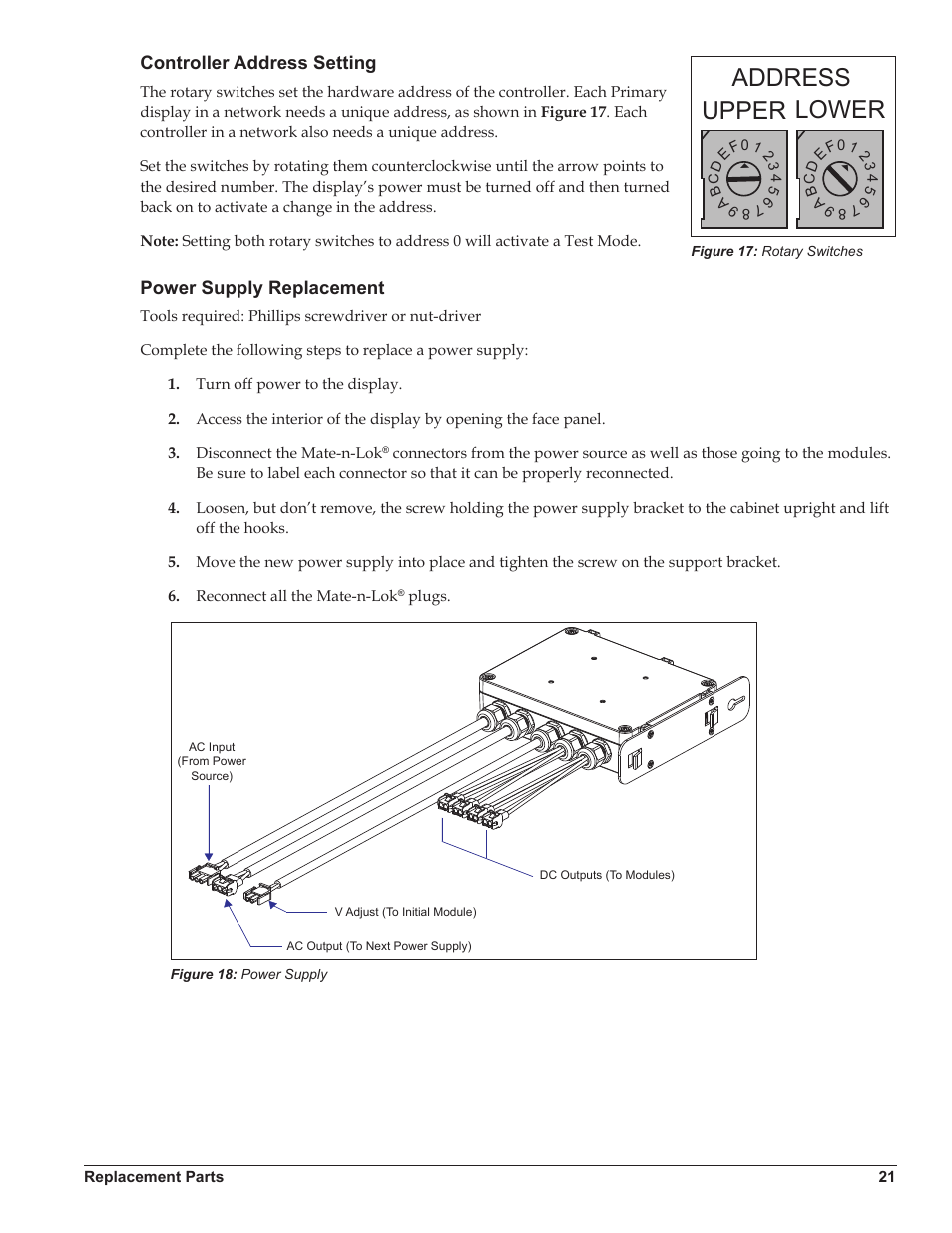 Controller address setting, Power supply replacement, Address upper lower | Daktronics Galaxy AF-3220 User Manual | Page 25 / 35