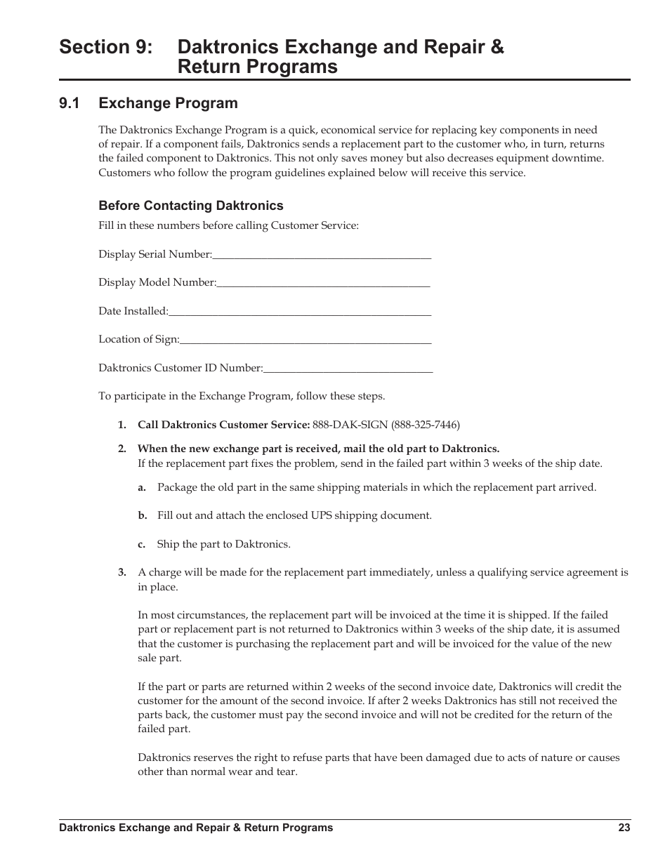 1 exchange program, Before contacting daktronics, Section 9 | Daktronics exchange and repair & return programs, Exchange program | Daktronics Galaxy AF-3220 User Manual | Page 27 / 35