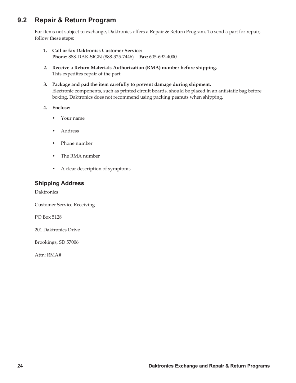 2 repair & return program, Shipping address, Repair & return program | Daktronics Galaxy AF-3220 User Manual | Page 28 / 35