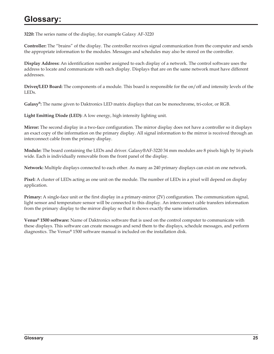 Glossary | Daktronics Galaxy AF-3220 User Manual | Page 29 / 35