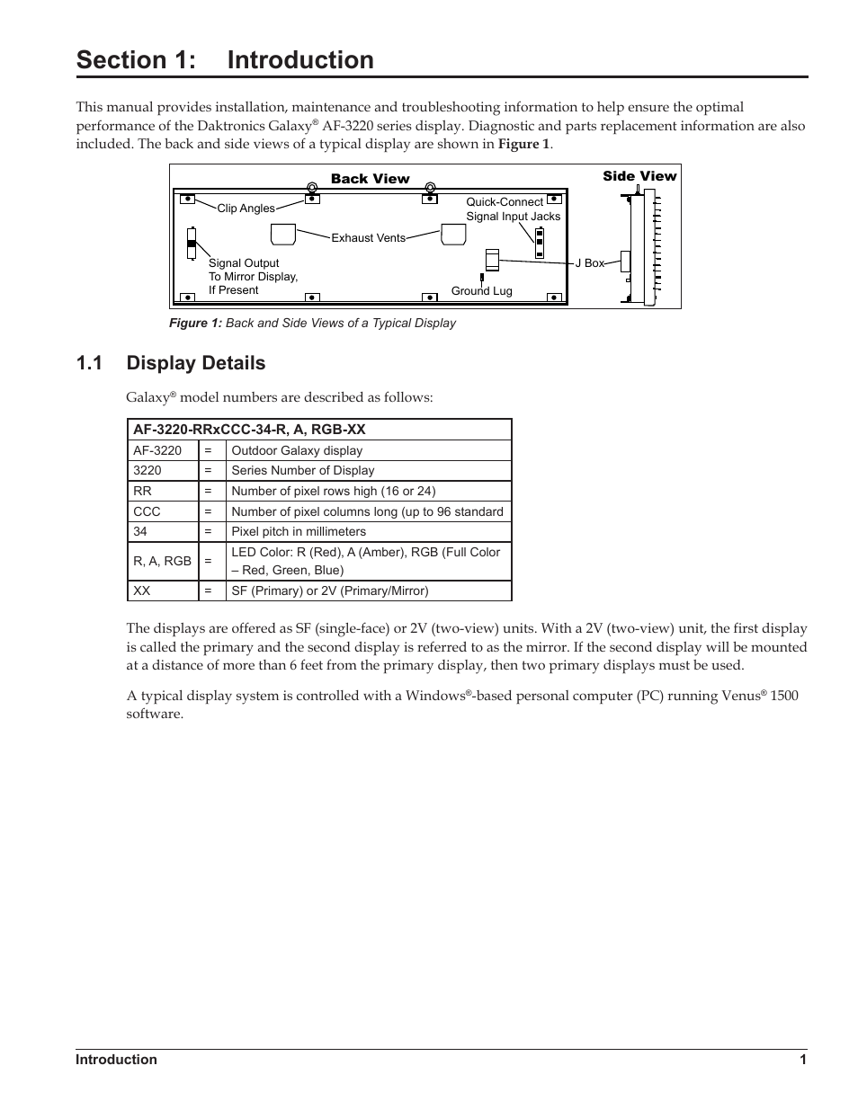 Section 1: introduction, 1 display details, Section 1 | Introduction, Display details | Daktronics Galaxy AF-3220 User Manual | Page 5 / 35