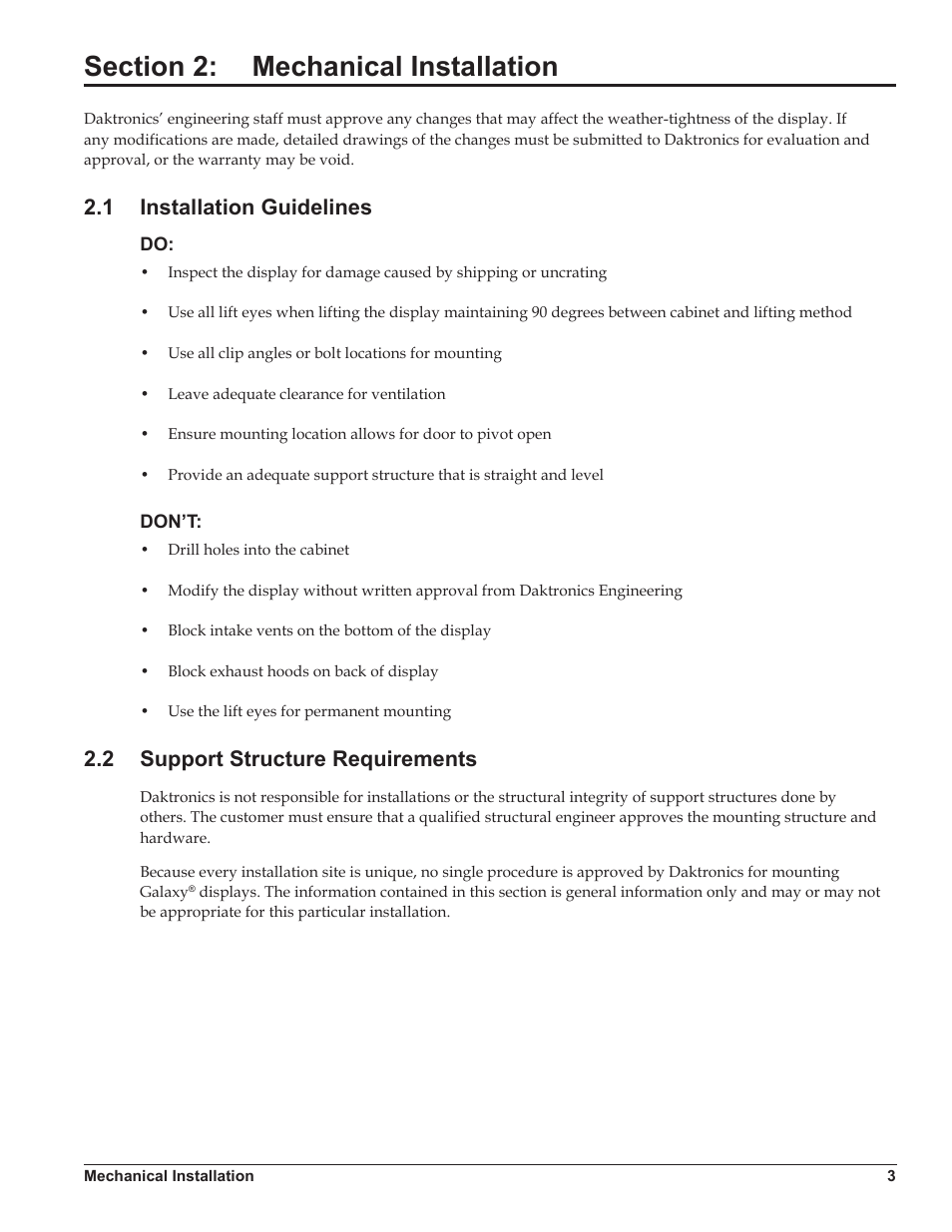 Section 2: mechanical installation, 1 installation guidelines, Don’t | 2 support structure requirements, Section 2, Mechanical installation, Installation guidelines, Do: don’t, Support structure requirements | Daktronics Galaxy AF-3220 User Manual | Page 7 / 35