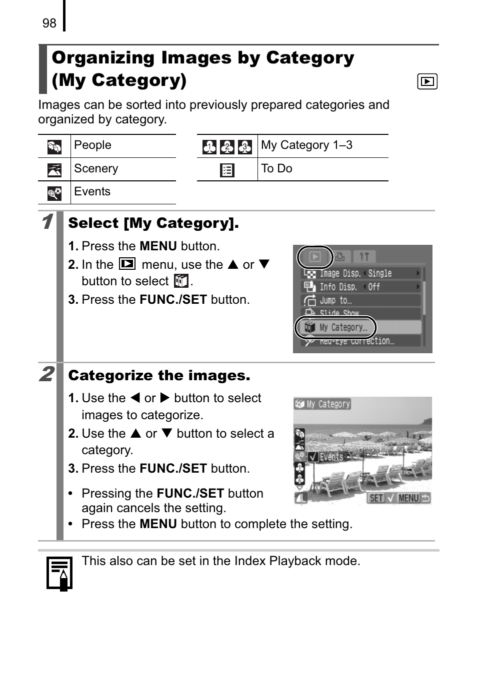 Organizing images by category (my category) | Canon A470 User Manual | Page 100 / 184