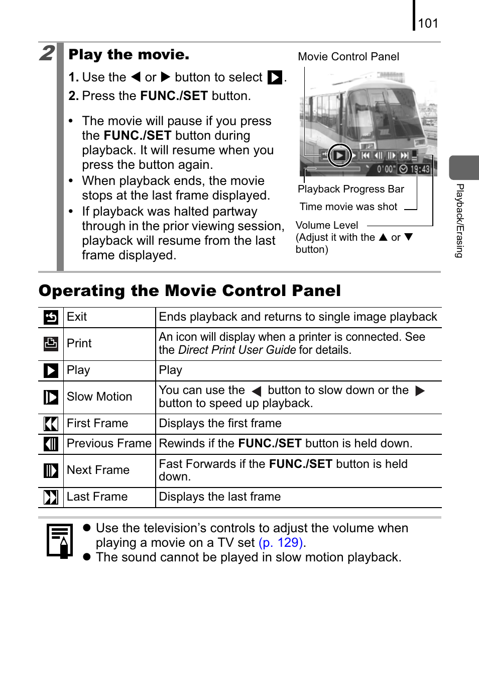 Operating the movie control panel, Play the movie | Canon A470 User Manual | Page 103 / 184