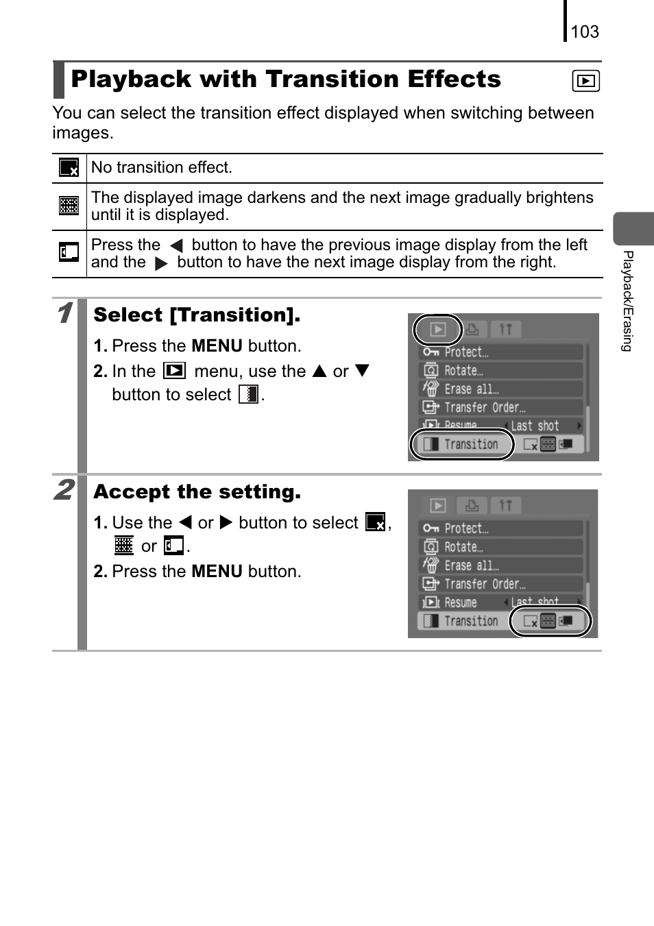 Playback with transition effects | Canon A470 User Manual | Page 105 / 184