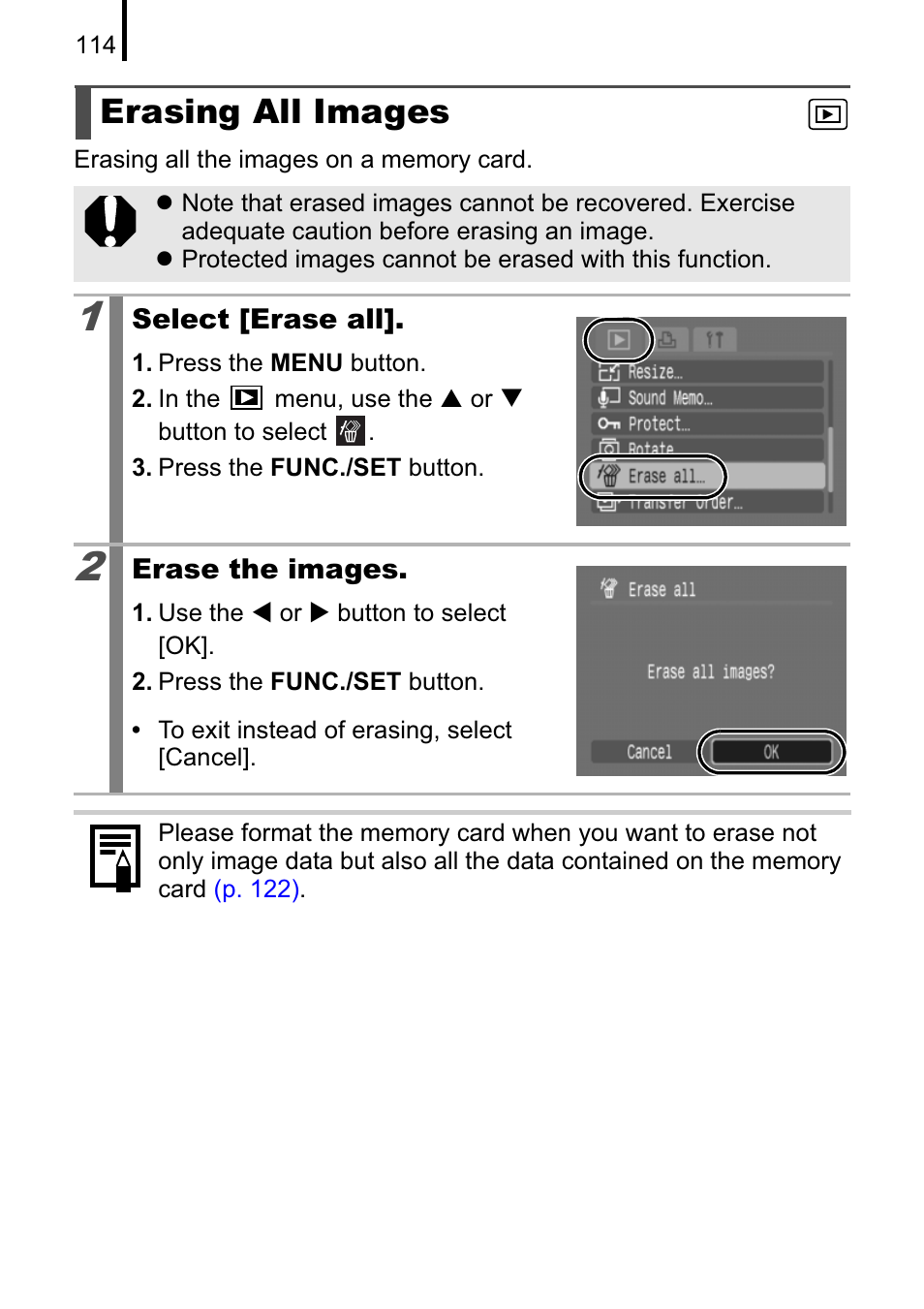 Erasing all images | Canon A470 User Manual | Page 116 / 184