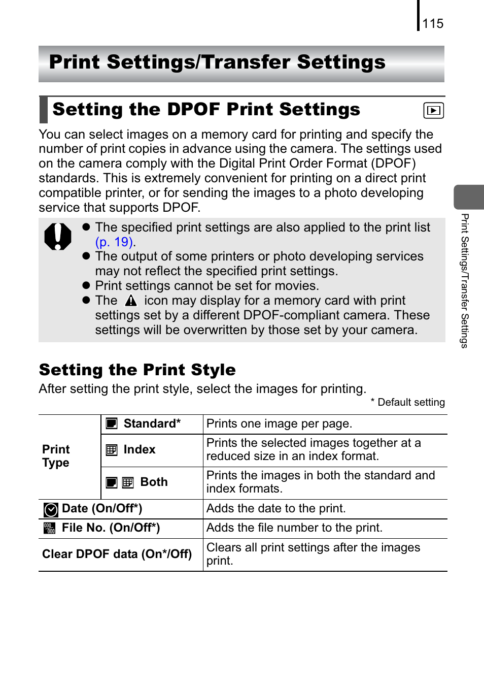 Print settings/transfer settings, Setting the dpof print settings, Setting the print style | Canon A470 User Manual | Page 117 / 184