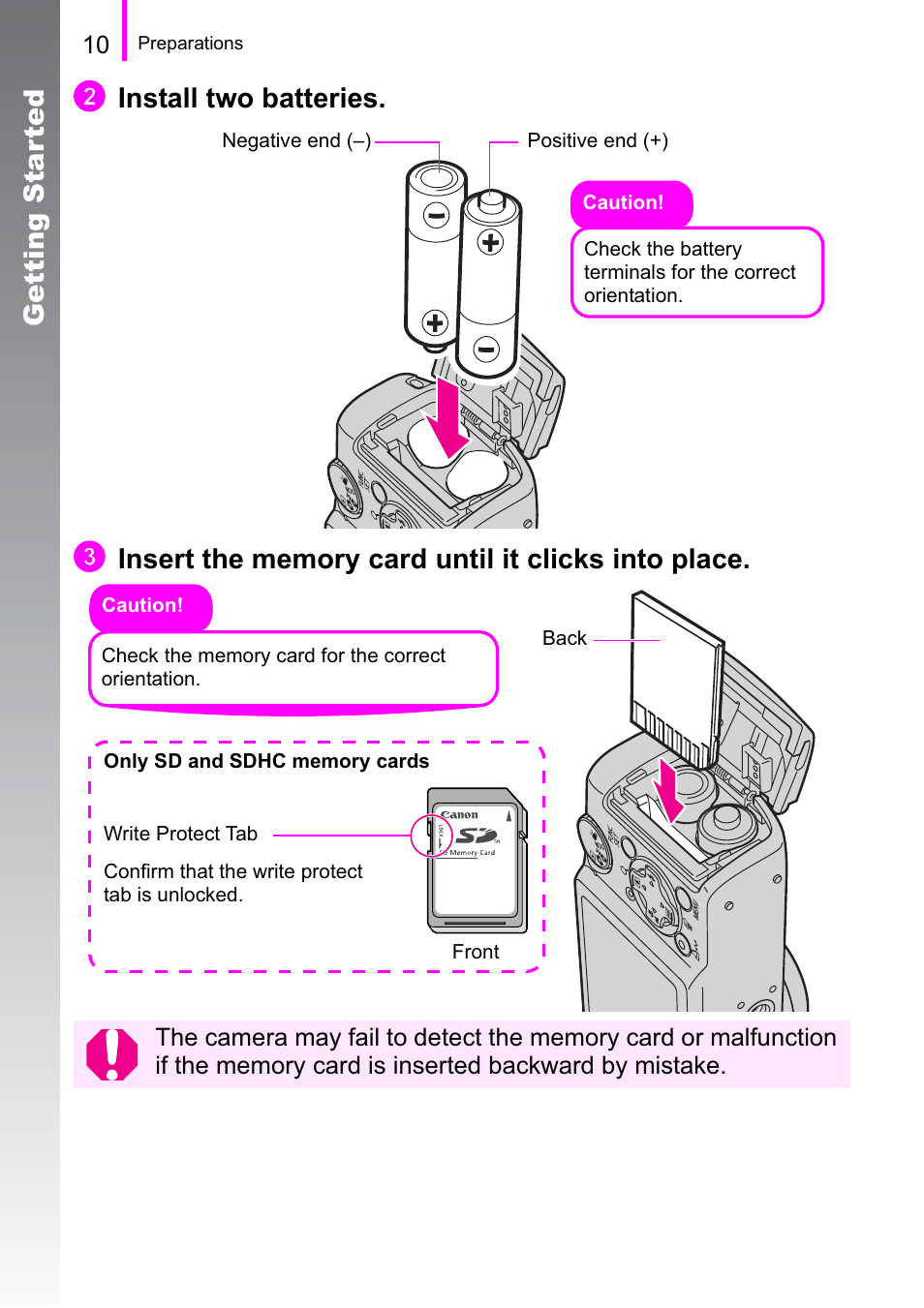 Getting star ted, Install two batteries | Canon A470 User Manual | Page 12 / 184