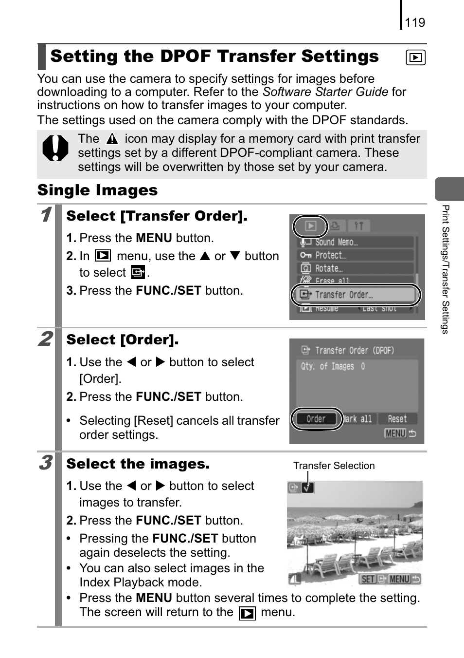 Setting the dpof transfer settings, Single images | Canon A470 User Manual | Page 121 / 184