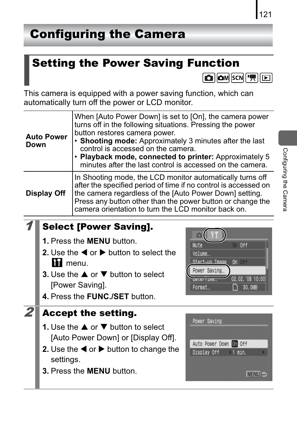 Configuring the camera, Setting the power saving function | Canon A470 User Manual | Page 123 / 184