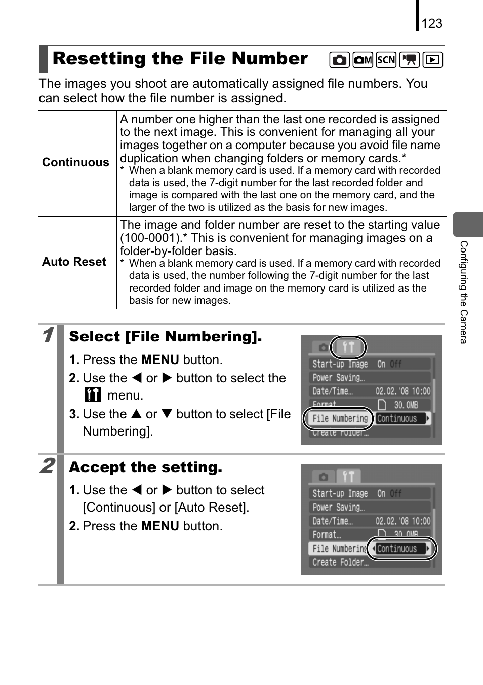 Resetting the file number | Canon A470 User Manual | Page 125 / 184