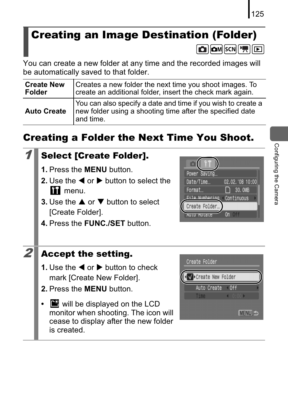 Creating an image destination (folder), Creating a folder the next time you shoot | Canon A470 User Manual | Page 127 / 184