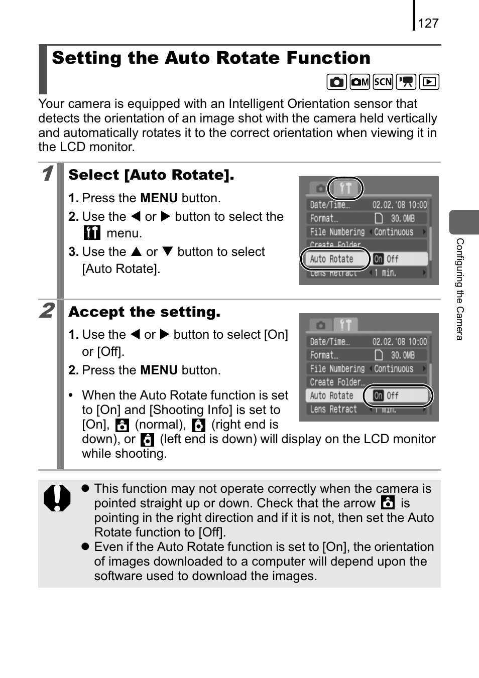 Setting the auto rotate function | Canon A470 User Manual | Page 129 / 184