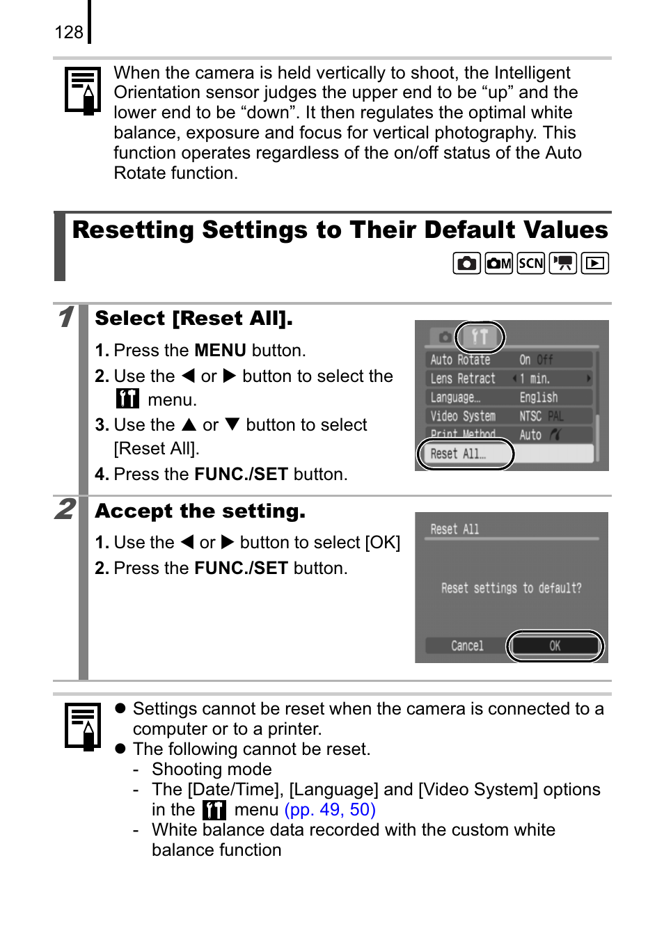 Resetting settings to their default values | Canon A470 User Manual | Page 130 / 184