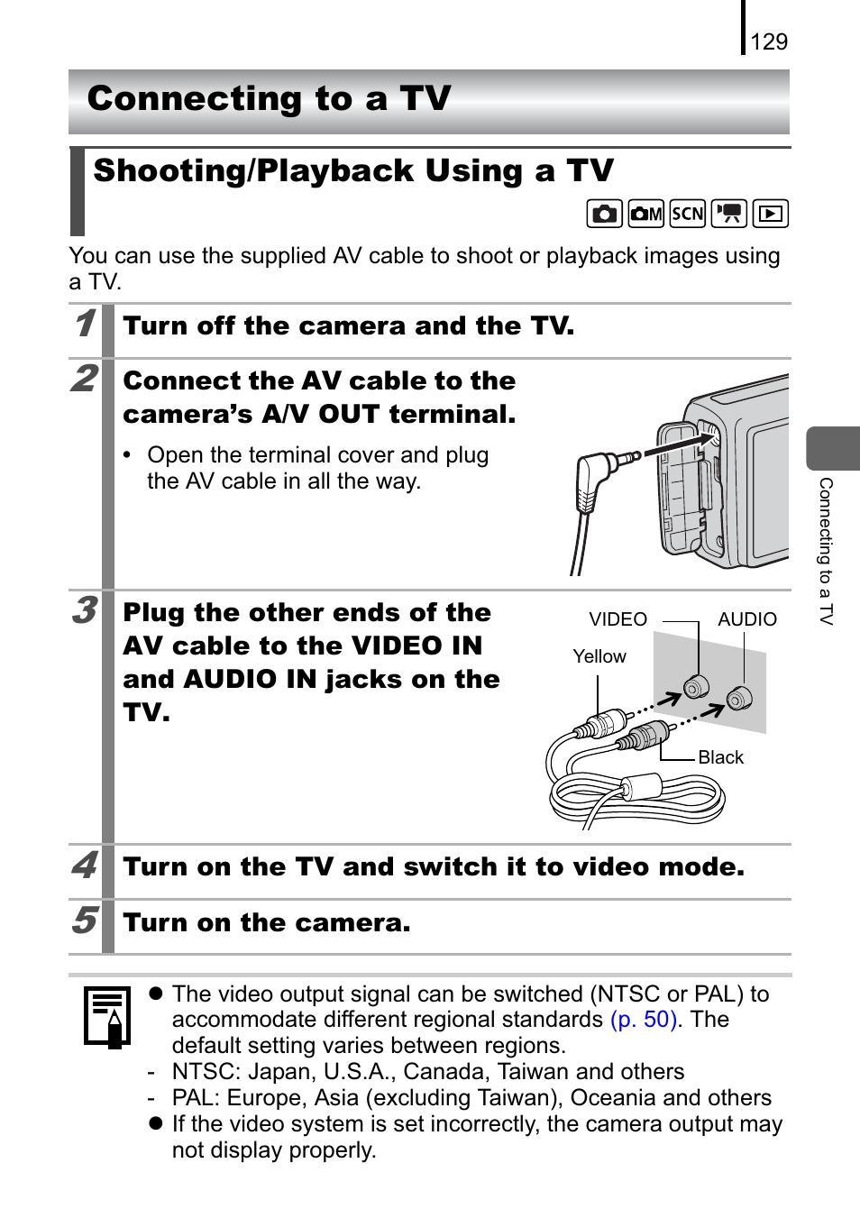 Connecting to a tv, Shooting/playback using a tv | Canon A470 User Manual | Page 131 / 184