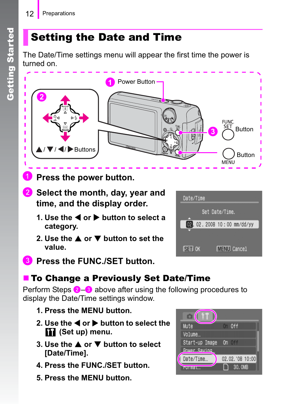 Setting the date and time | Canon A470 User Manual | Page 14 / 184