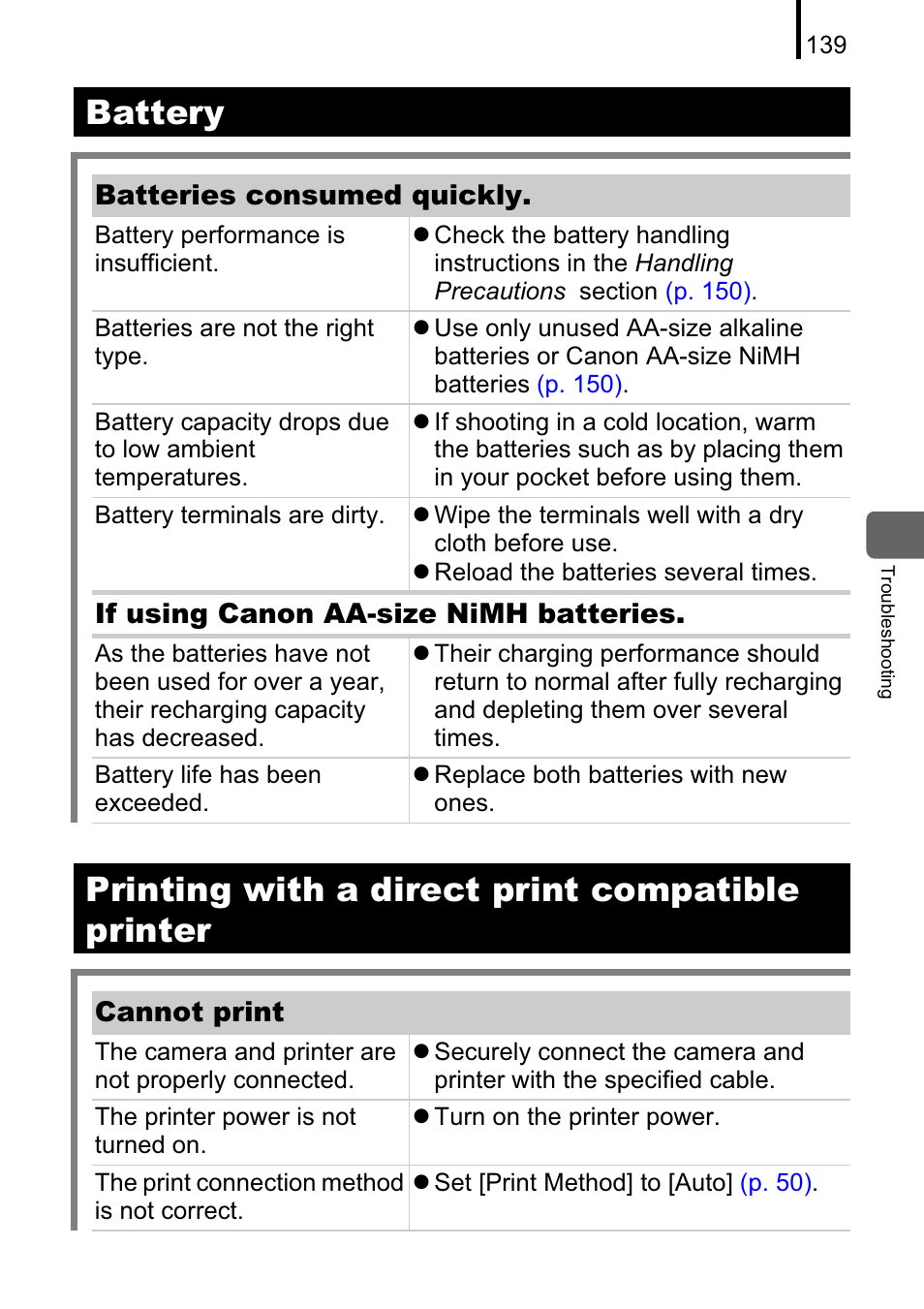 Battery, Printing with a direct print compatible printer | Canon A470 User Manual | Page 141 / 184