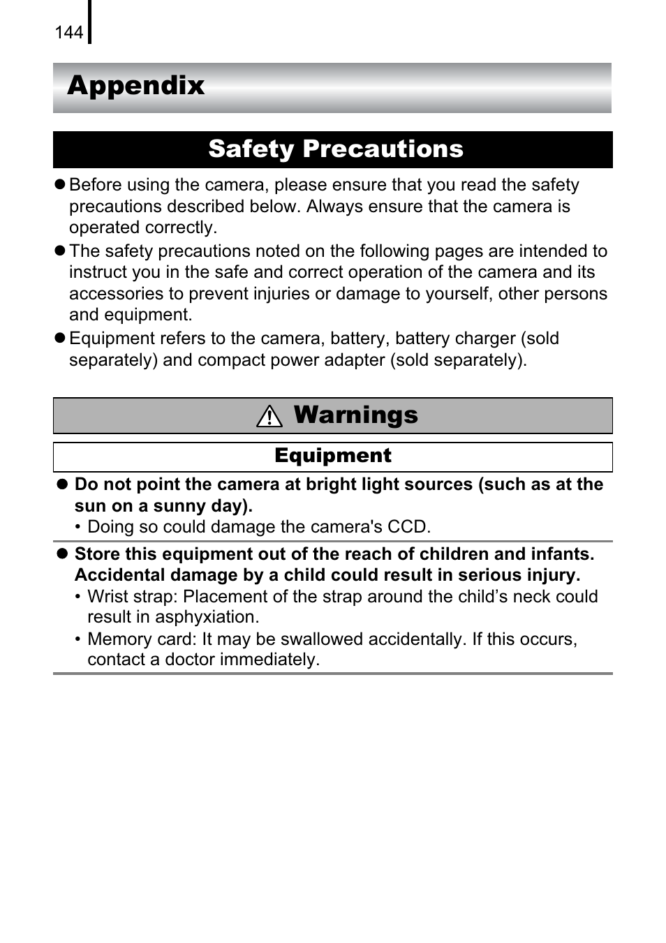 Appendix, Safety precautions warnings | Canon A470 User Manual | Page 146 / 184