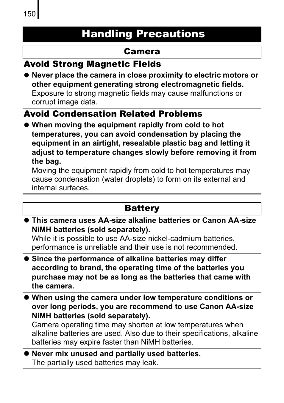 Handling precautions | Canon A470 User Manual | Page 152 / 184