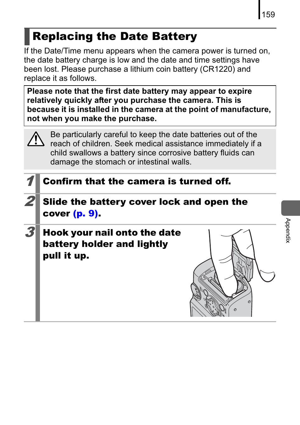 Replacing the date battery | Canon A470 User Manual | Page 161 / 184