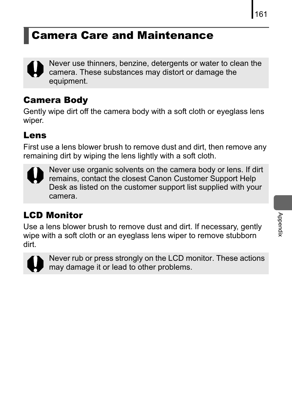 Camera care and maintenance | Canon A470 User Manual | Page 163 / 184