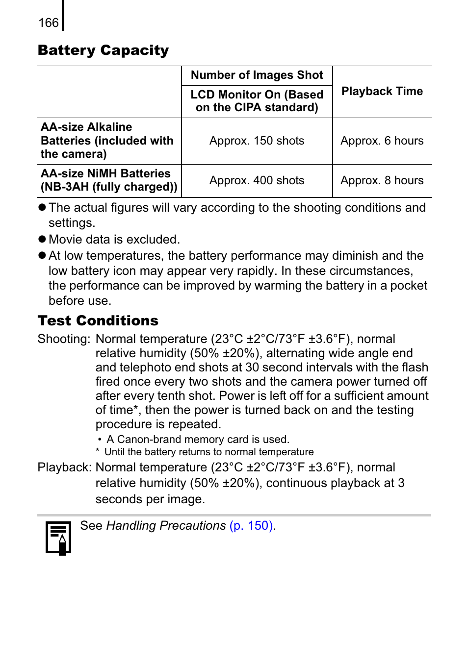 Battery capacity, Test conditions | Canon A470 User Manual | Page 168 / 184