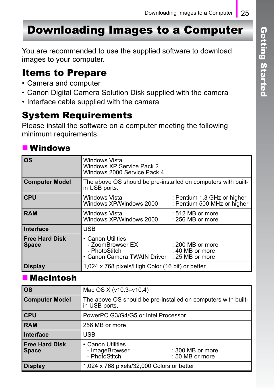 Downloading images to a computer, Items to prepare, System requirements | Ge tting star ted, Windows  macintosh | Canon A470 User Manual | Page 27 / 184