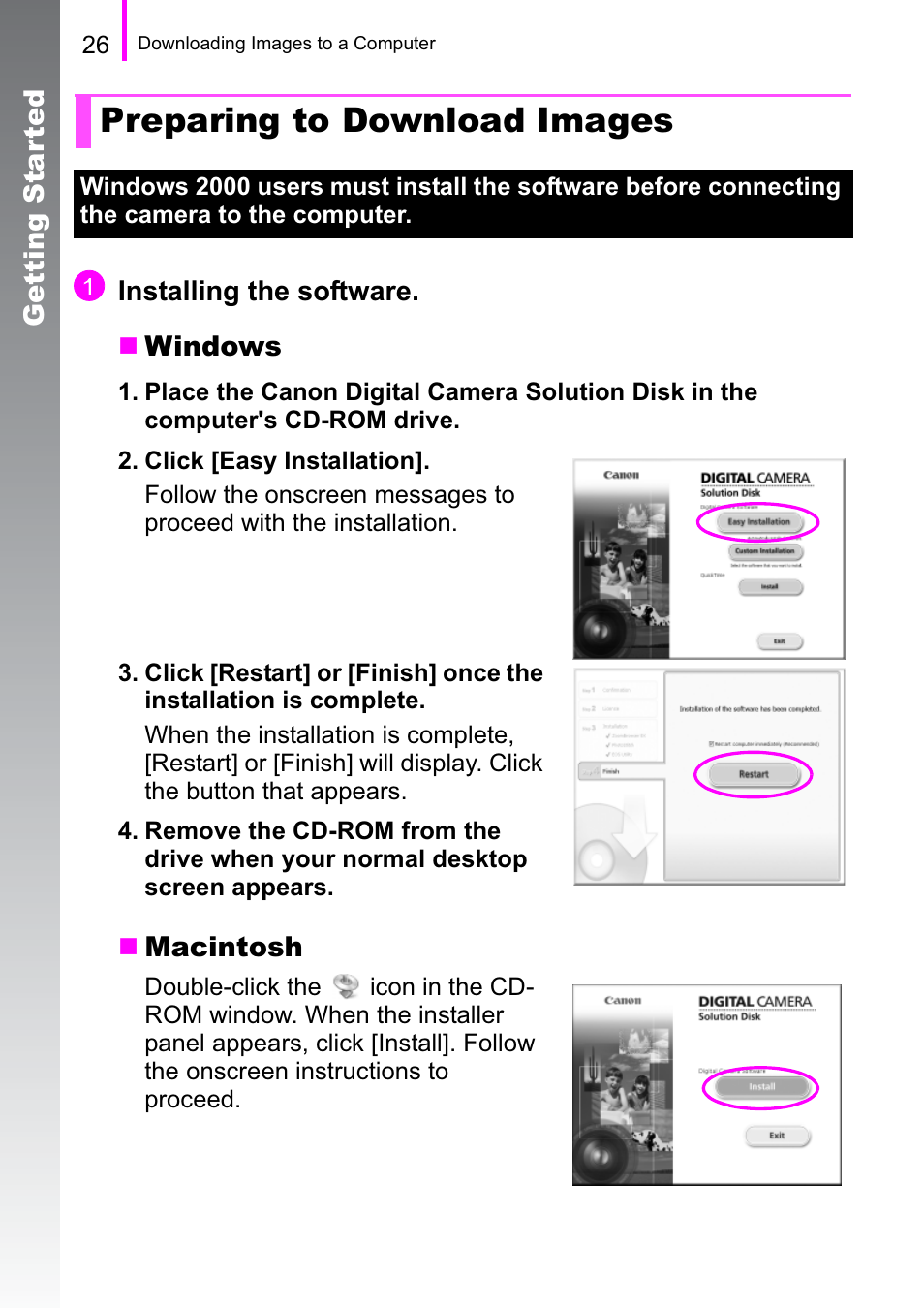 Preparing to download images | Canon A470 User Manual | Page 28 / 184