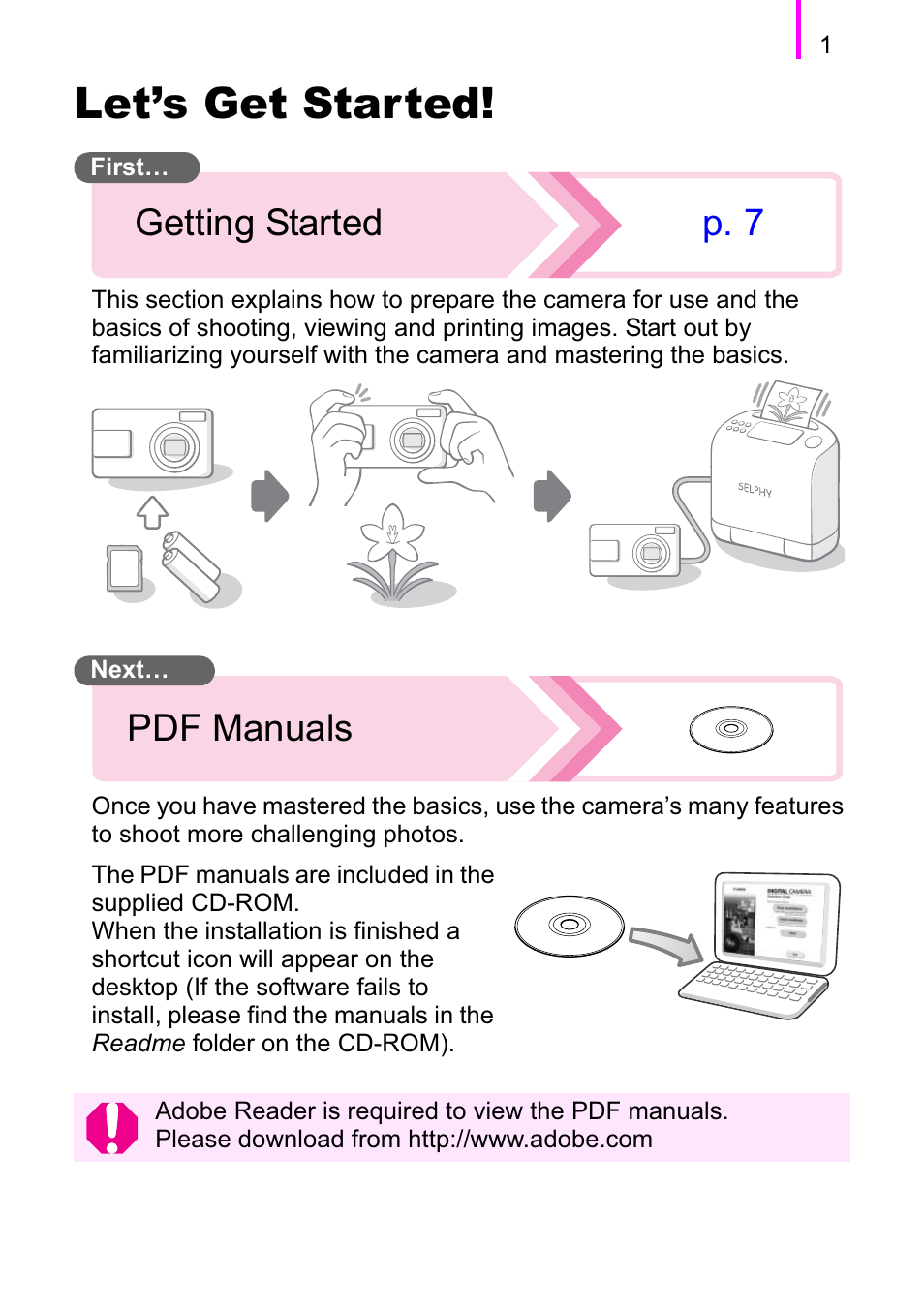 Let’s get started, Pdf manuals getting started p. 7 | Canon A470 User Manual | Page 3 / 184