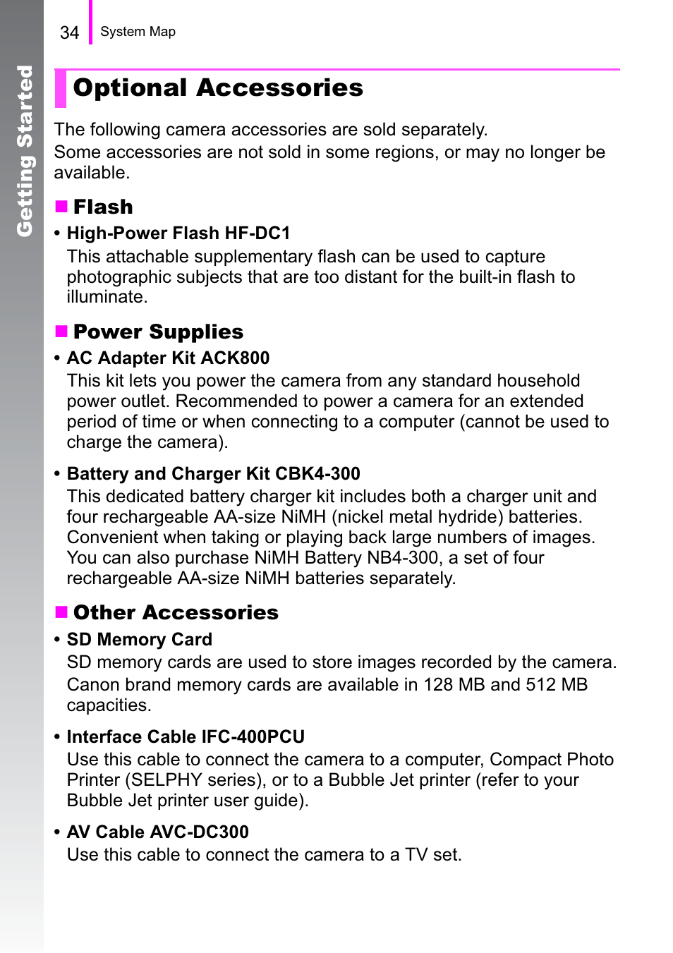 Optional accessories | Canon A470 User Manual | Page 36 / 184