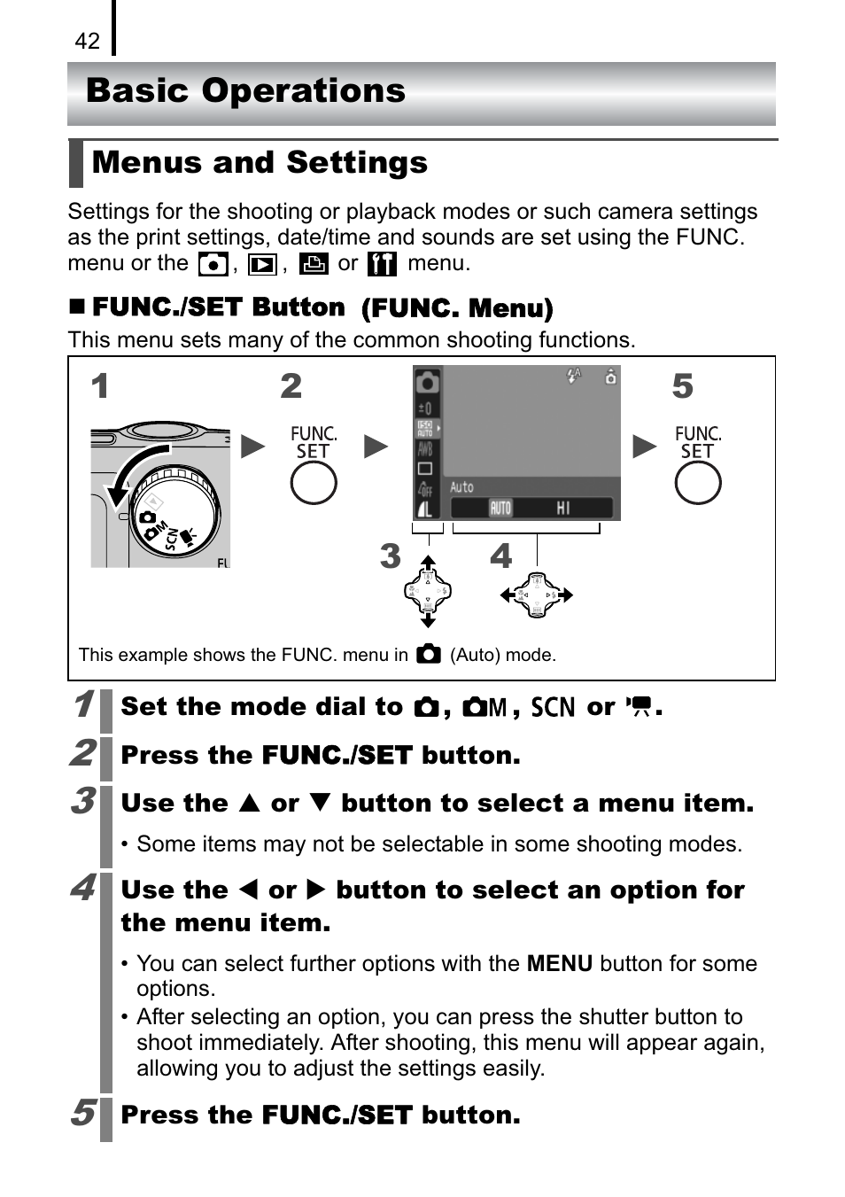 Basic operations, Menus and settings | Canon A470 User Manual | Page 44 / 184