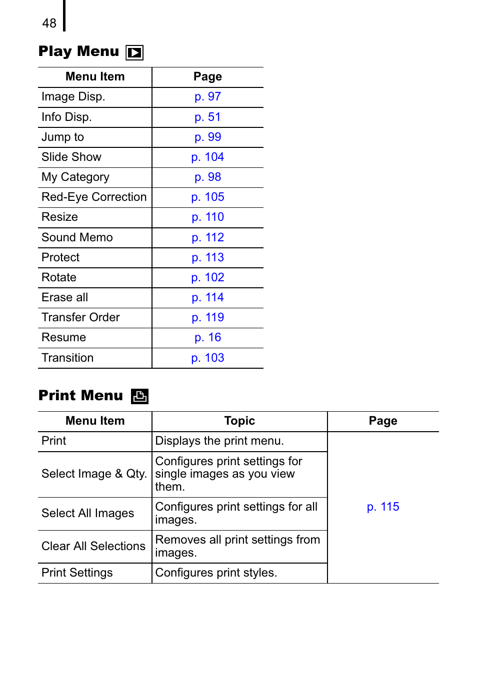 Play menu print menu | Canon A470 User Manual | Page 50 / 184