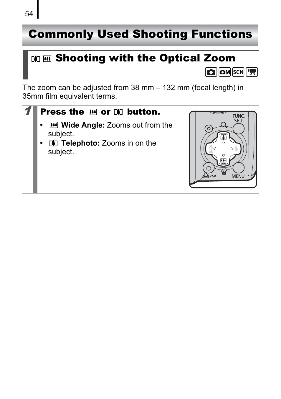 Commonly used shooting functions, Shooting with the optical zoom | Canon A470 User Manual | Page 56 / 184