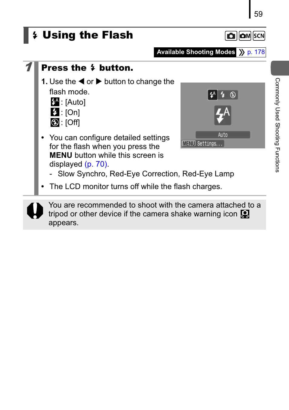 Using the flash, Press the button | Canon A470 User Manual | Page 61 / 184