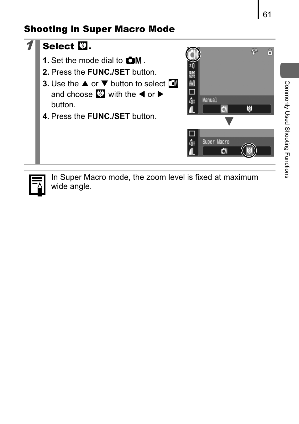 Shooting in super macro mode, Select | Canon A470 User Manual | Page 63 / 184