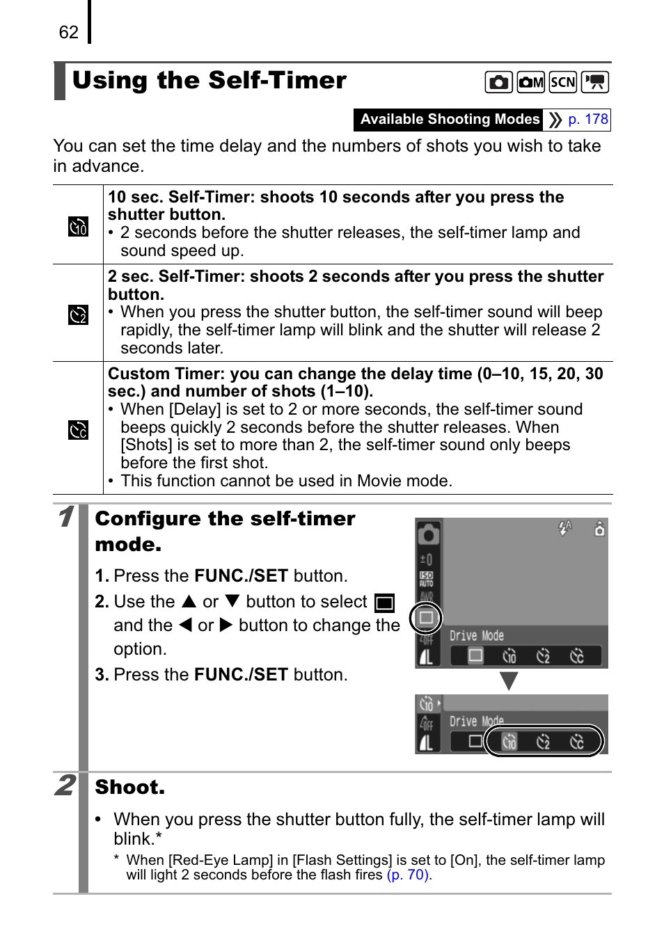 Using the self-timer | Canon A470 User Manual | Page 64 / 184