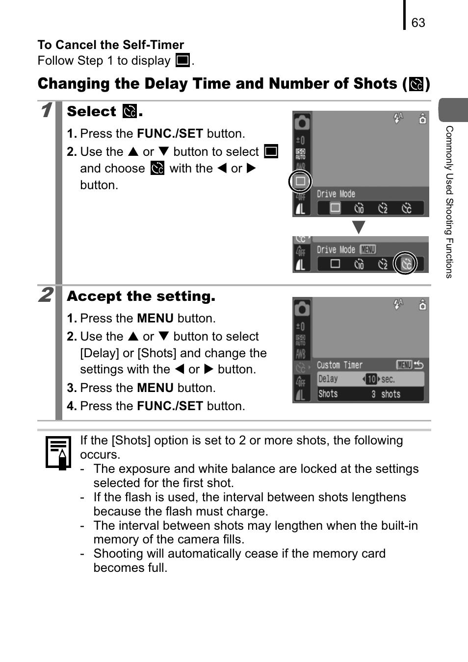 Changing the delay time and number of shots ( ) | Canon A470 User Manual | Page 65 / 184