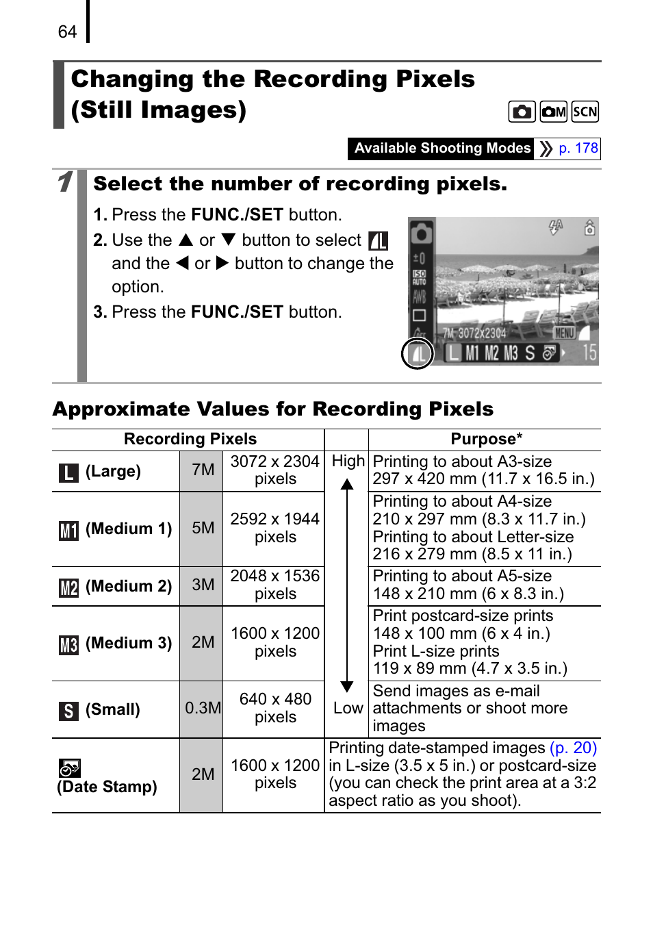 Changing the recording pixels (still images) | Canon A470 User Manual | Page 66 / 184