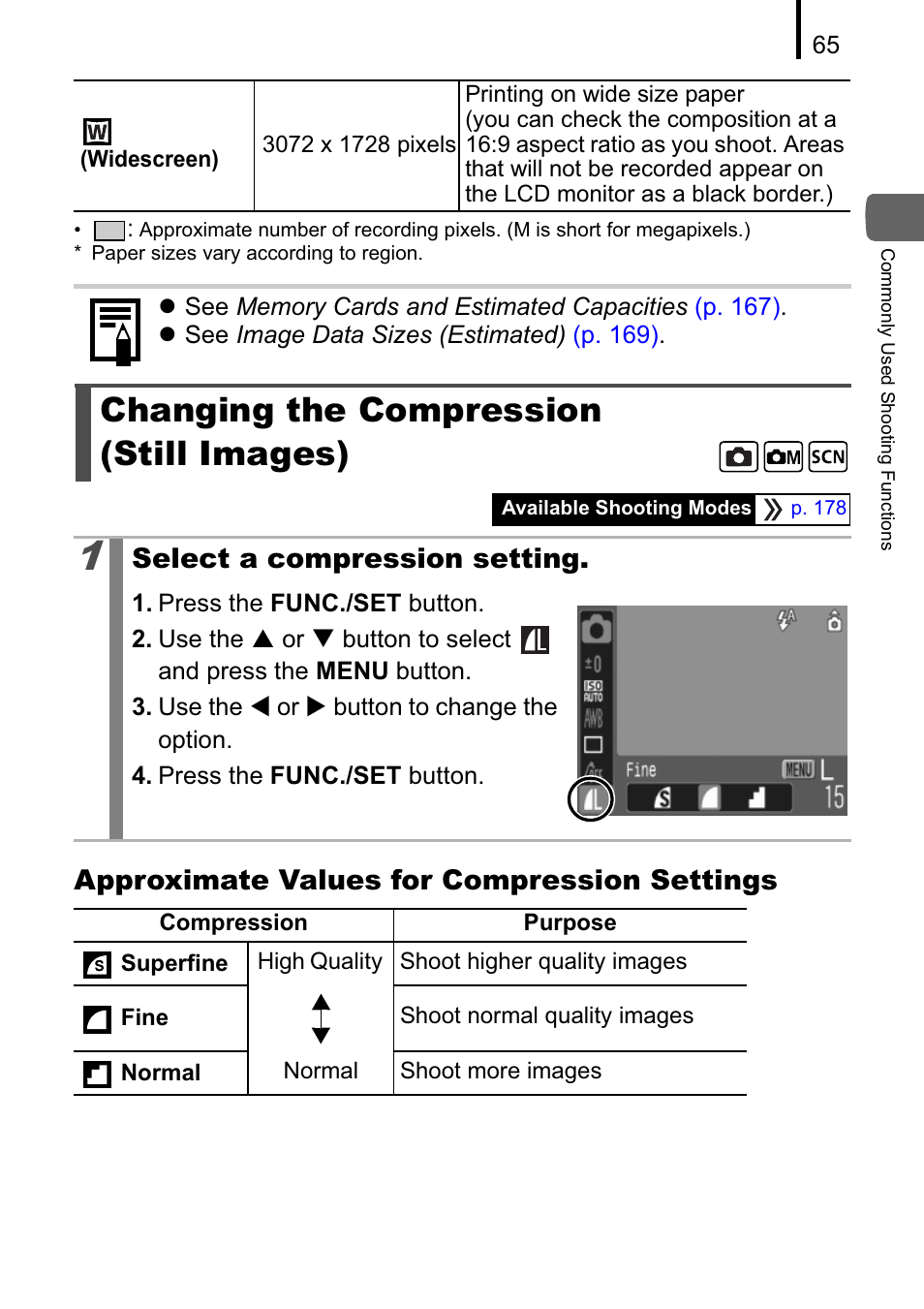 Changing the compression (still images), Approximate values for compression settings, Select a compression setting | Canon A470 User Manual | Page 67 / 184